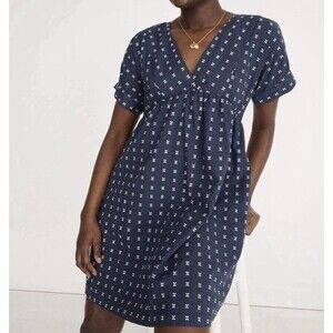 Madewell Navy & White Textured Dot V-Neck Dolman Sleeve Mini Dress Sz XS Preppy
